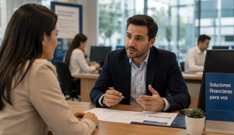 Ejecutivo bancario conversa con una clienta en una sucursal moderna mientras analizan servicios financieros y nuevas oportunidades impulsadas por el open finance en Argentina.