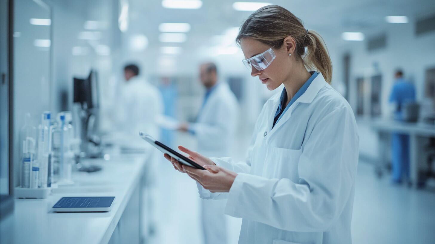 Científico en laboratorio de biotecnología agrícola argentina analizando muestras vegetales — bioinsumos y convergencia con la industria farmacéutic