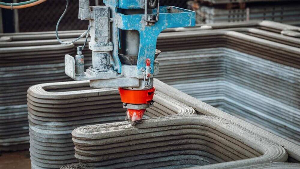 Boquilla robótica deposita capas de concreto en una obra de impresión 3D en construcción para formar muros de vivienda.