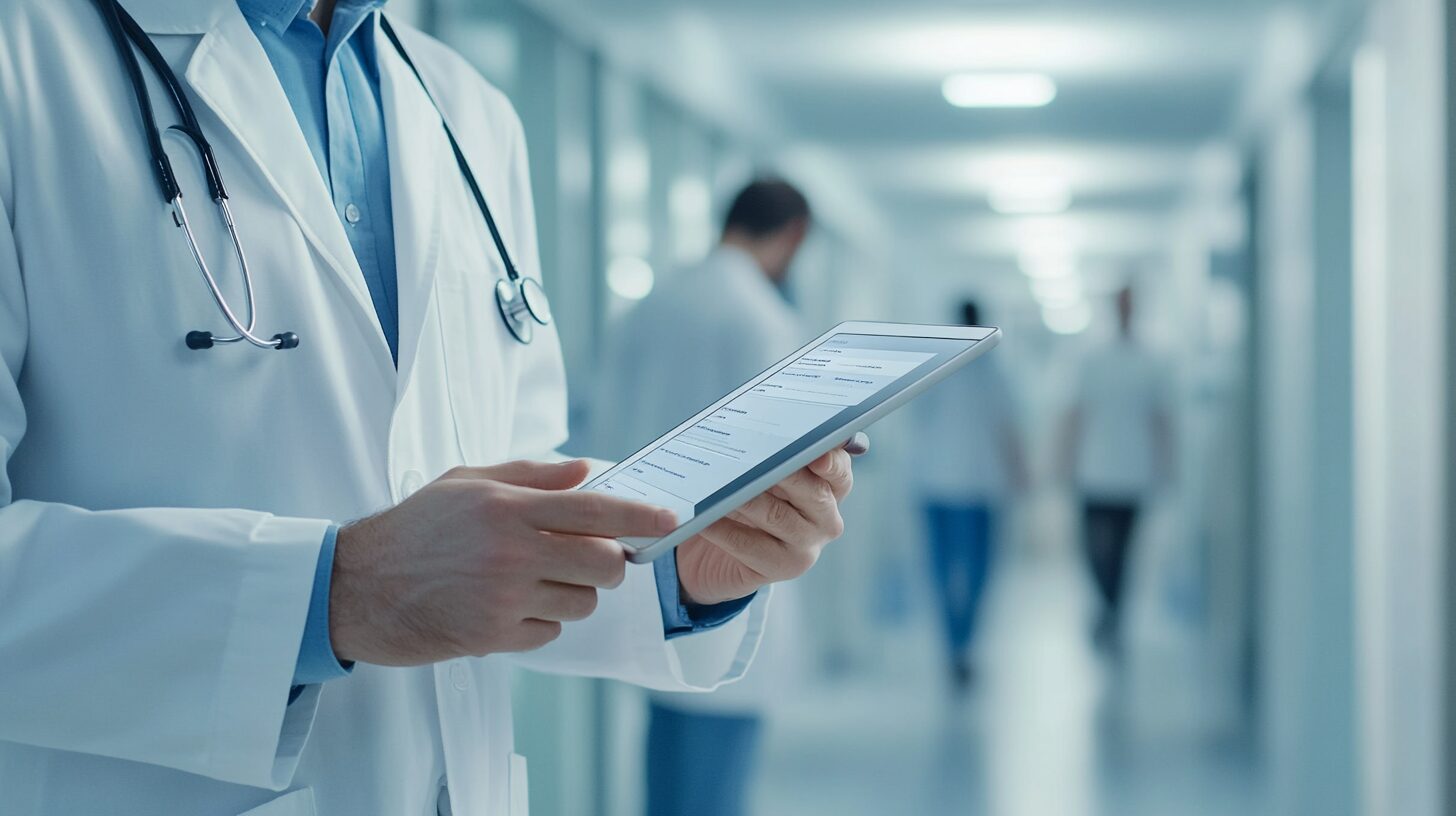 édico usando historia clínica digital en tablet en hospital argentino — digitalización del sistema de salud y receta electrónica 2026