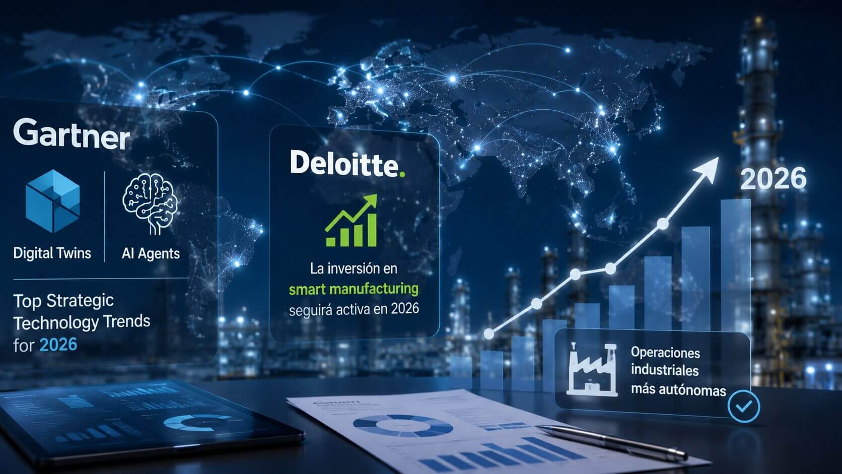 Visualización global sobre gemelos digitales en alimentos y bebidas, agentes de IA, inversión en smart manufacturing y operaciones industriales autónomas para 2026.