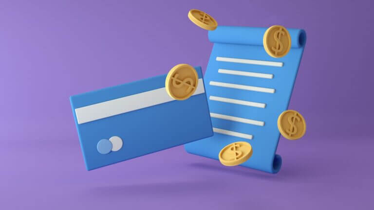 Ilustración 3D de una tarjeta, una factura y monedas, asociada a pagos digitales, adquirencia y financiación en salud.