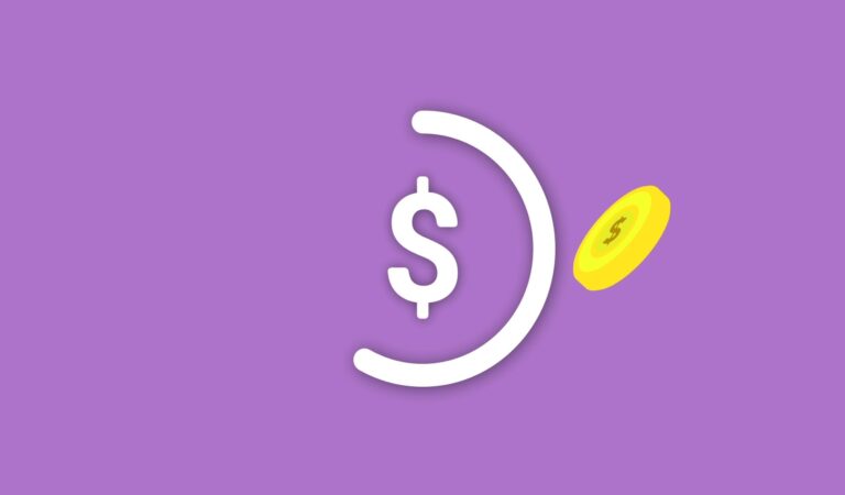 Ilustración con símbolo de dólar y moneda digital sobre fondo violeta.