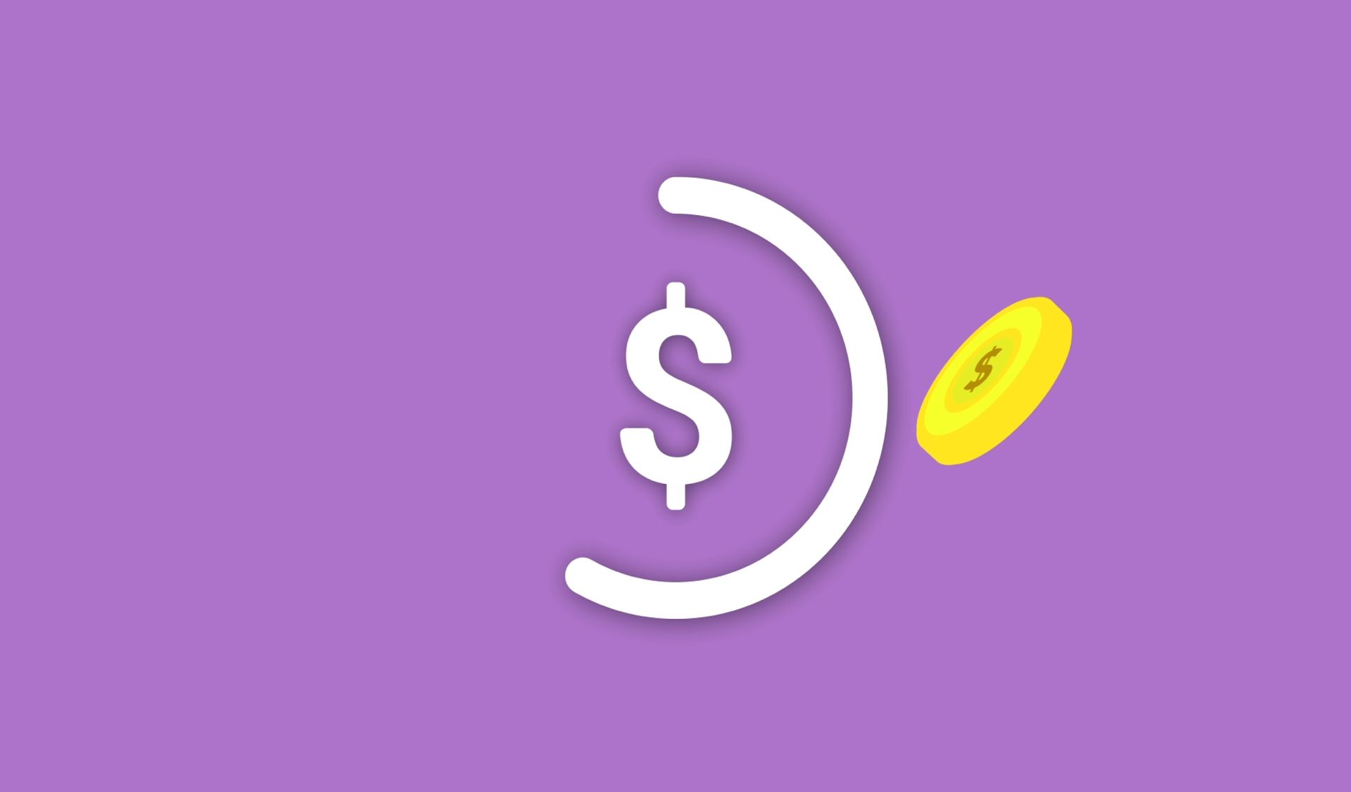 Ilustración con símbolo de dólar y moneda digital sobre fondo violeta.