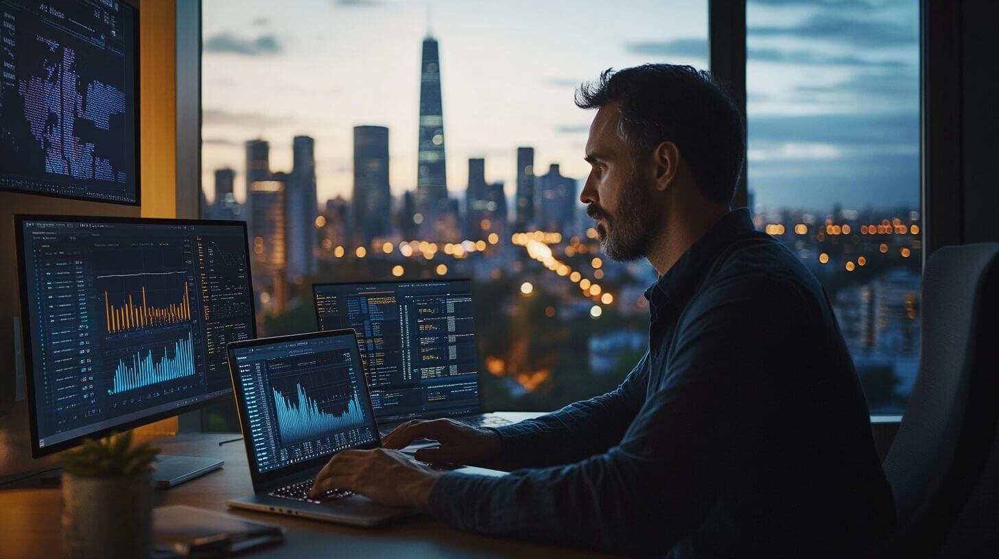 Profesional de tecnología aseguradora trabajando con plataforma digital de gestión de pólizas