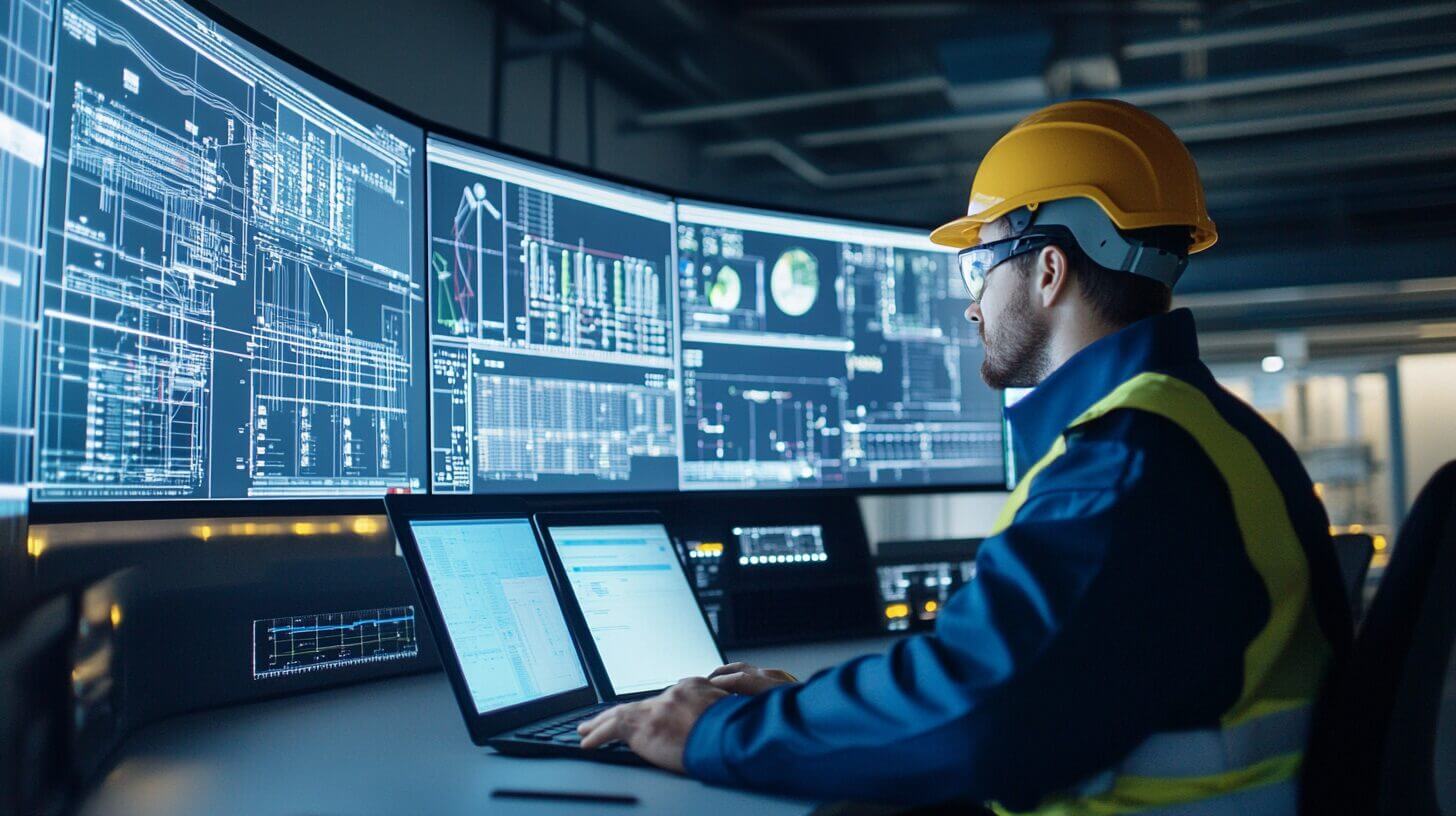Sala de control de operaciones industriales con pantallas de monitoreo o técnico revisando datos en tablet en entorno de campo.