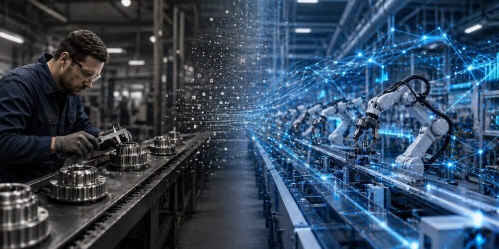 Texto alt: Operario mide piezas industriales junto a una línea automatizada con visualizaciones digitales, mostrando cómo la calidad predictiva usa IA para detectar riesgos en producción.
