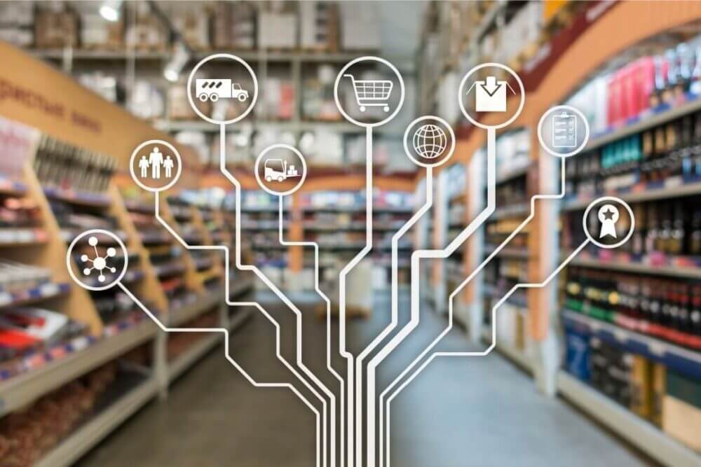 Representación de retail media en un supermercado, donde los datos de compra ayudan a segmentar audiencias y medir campañas en consumo masivo.