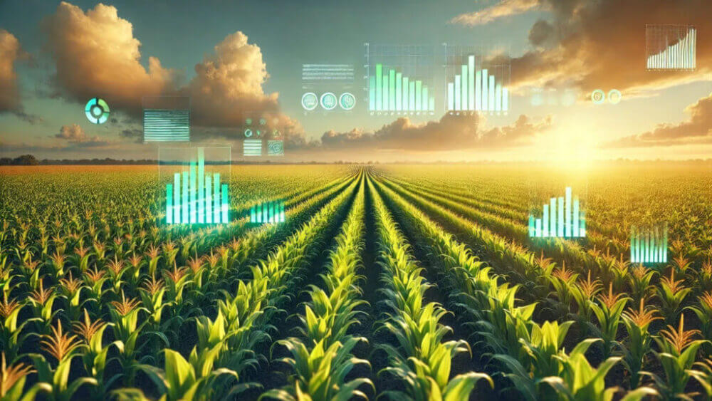 Cultivo en hileras con gráficos digitales que representan el análisis de datos agropecuarios.