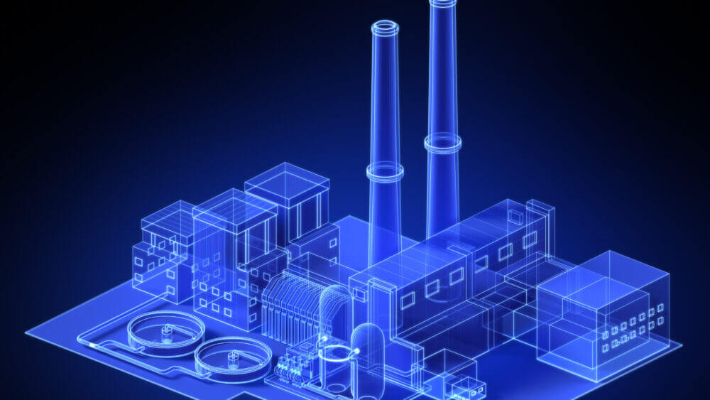 Ilustración de un gemelo digital de una planta industrial en azul, con edificios, líneas de producción y chimeneas representados como una réplica virtual.