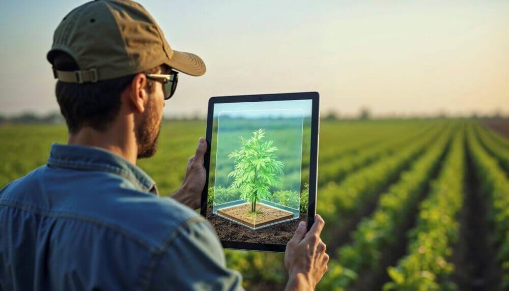 Productor observa datos del campo en una tablet frente a un cultivo organizado en hileras.