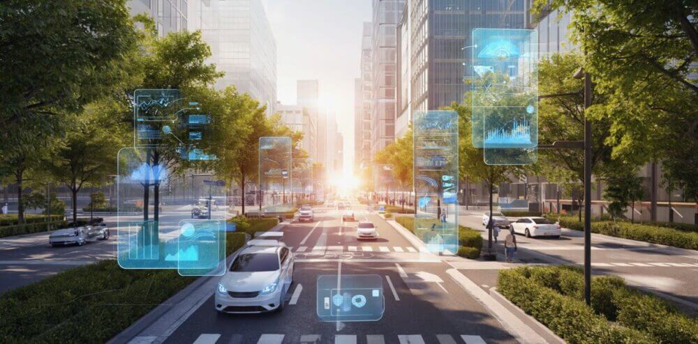 Avenida urbana con autos, árboles y paneles digitales que representan sensores y datos en tiempo real para movilidad urbana.