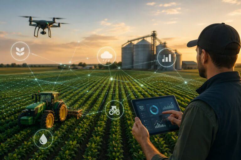 CIO agroindustrial analiza datos en una tablet mientras un dron y un tractor conectado operan en un cultivo junto a silos.