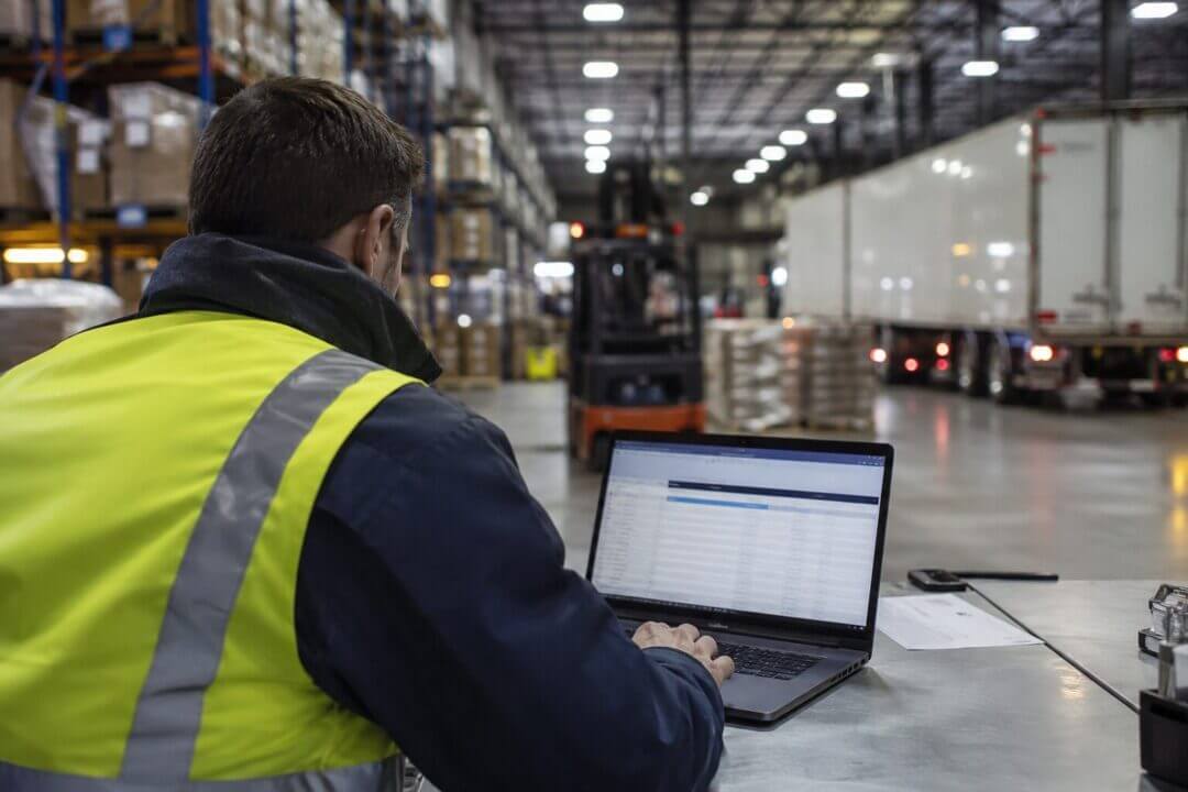 Operador logístico utilizando una computadora portátil dentro de un centro de distribución para supervisar operaciones digitales y ciberseguridad.