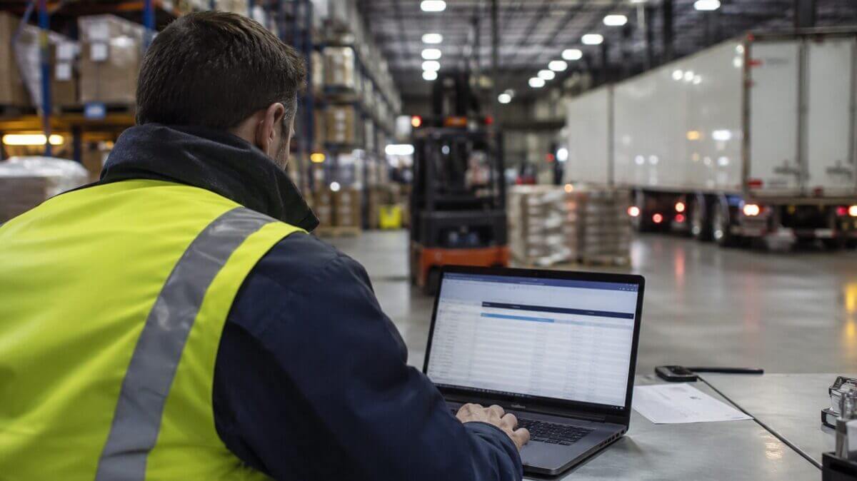 Operador logístico utilizando una computadora portátil dentro de un centro de distribución para supervisar operaciones digitales y ciberseguridad.