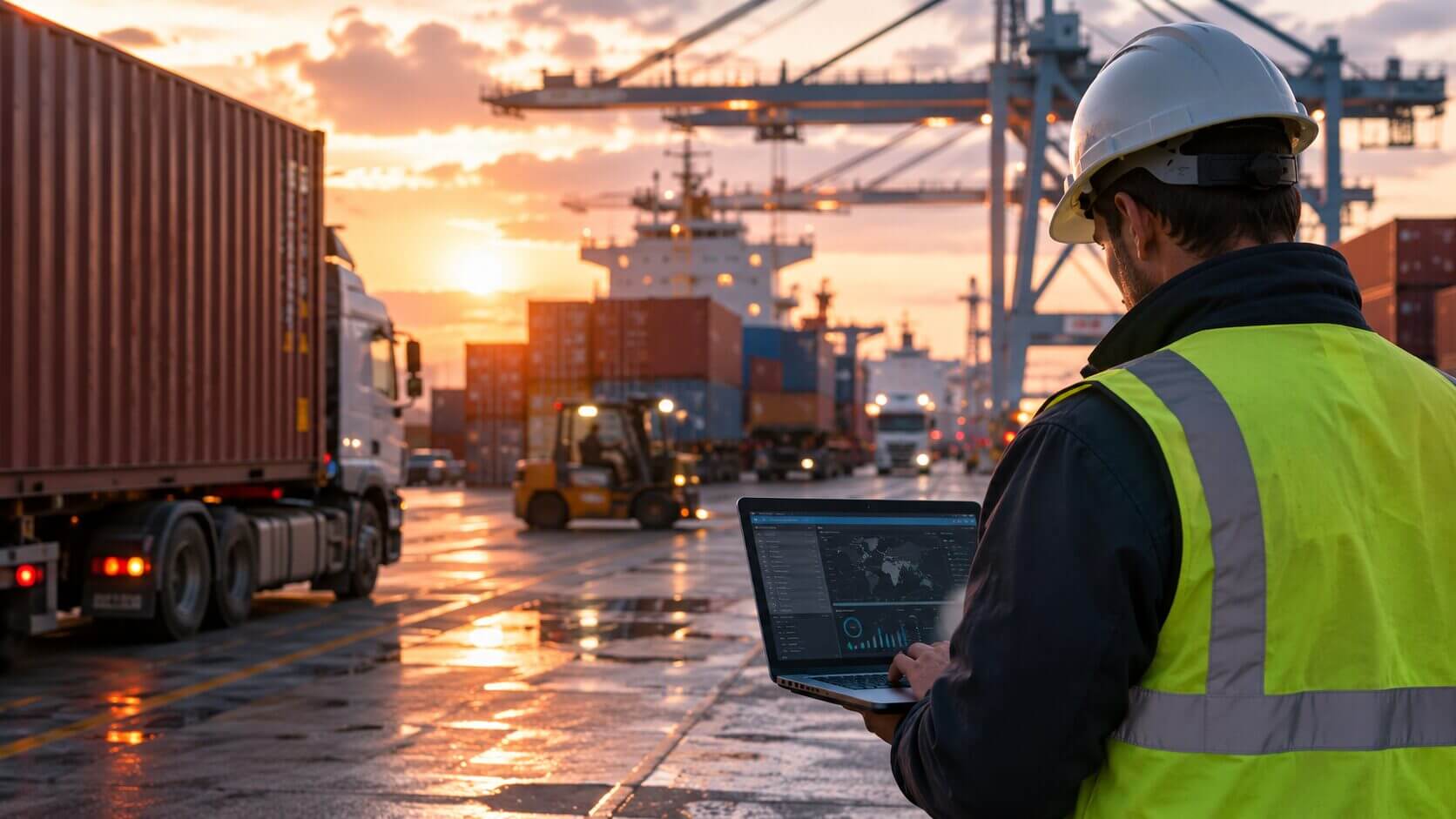 Trabajador con computadora portátil supervisando operaciones en un puerto con contenedores, camiones y grúas como parte de una cadena logística digital segura.