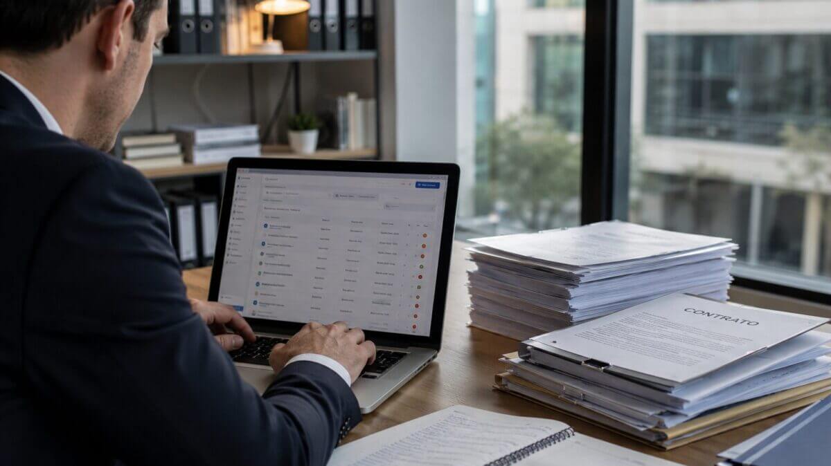 Profesional del área legal utilizando un software de gestión documental y contratos en una oficina moderna para optimizar procesos de compliance y legaltech empresarial.