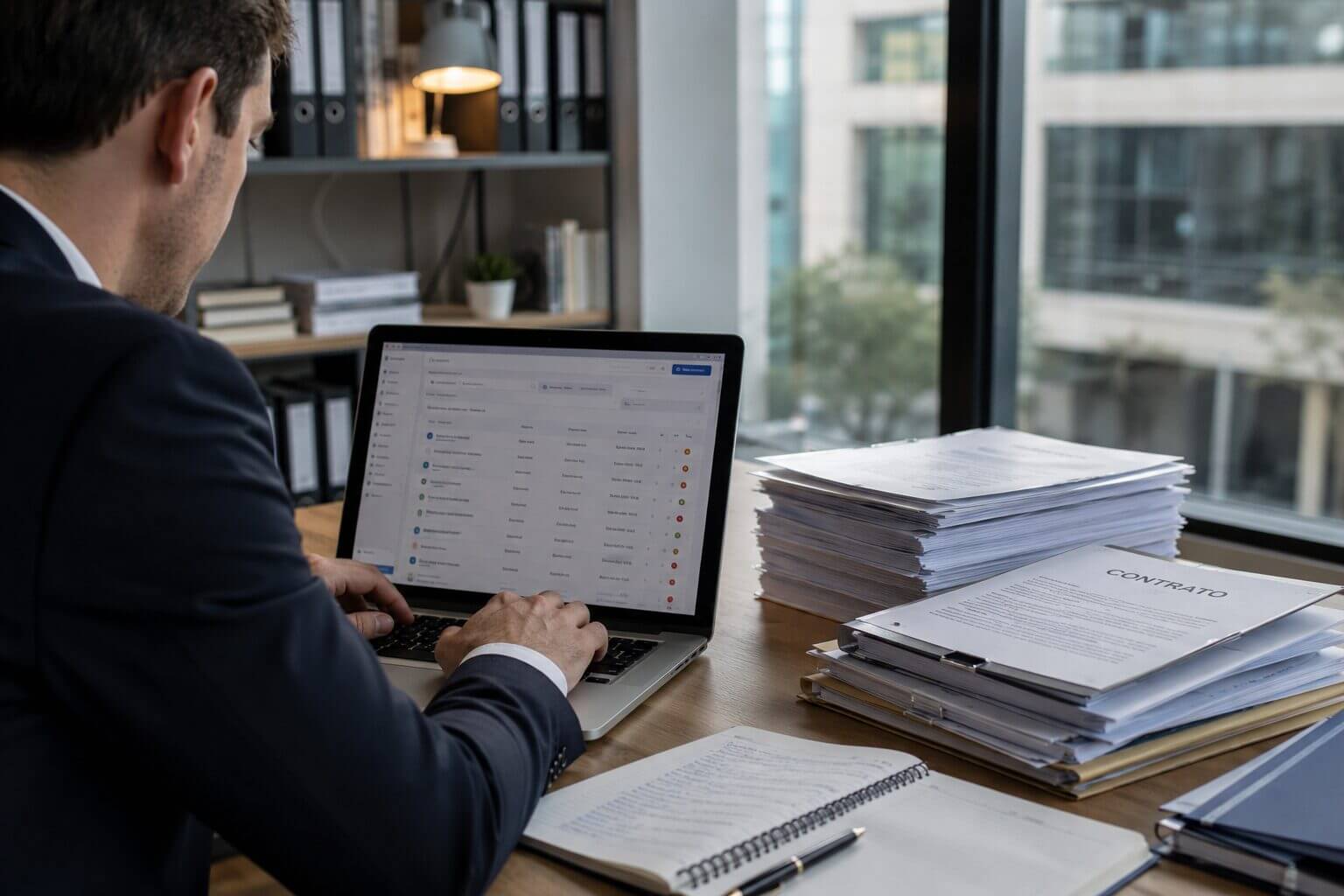 Profesional del área legal utilizando un software de gestión documental y contratos en una oficina moderna para optimizar procesos de compliance y legaltech empresarial.