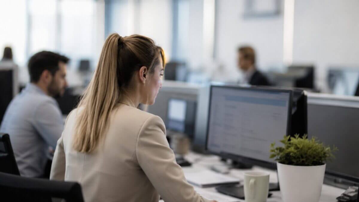 Profesional de recursos humanos trabaja frente a una computadora en una oficina moderna utilizando herramientas digitales para la gestión del talento con inteligencia artificial.
