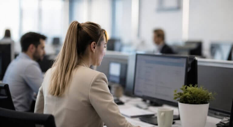 Profesional de recursos humanos trabaja frente a una computadora en una oficina moderna utilizando herramientas digitales para la gestión del talento con inteligencia artificial.