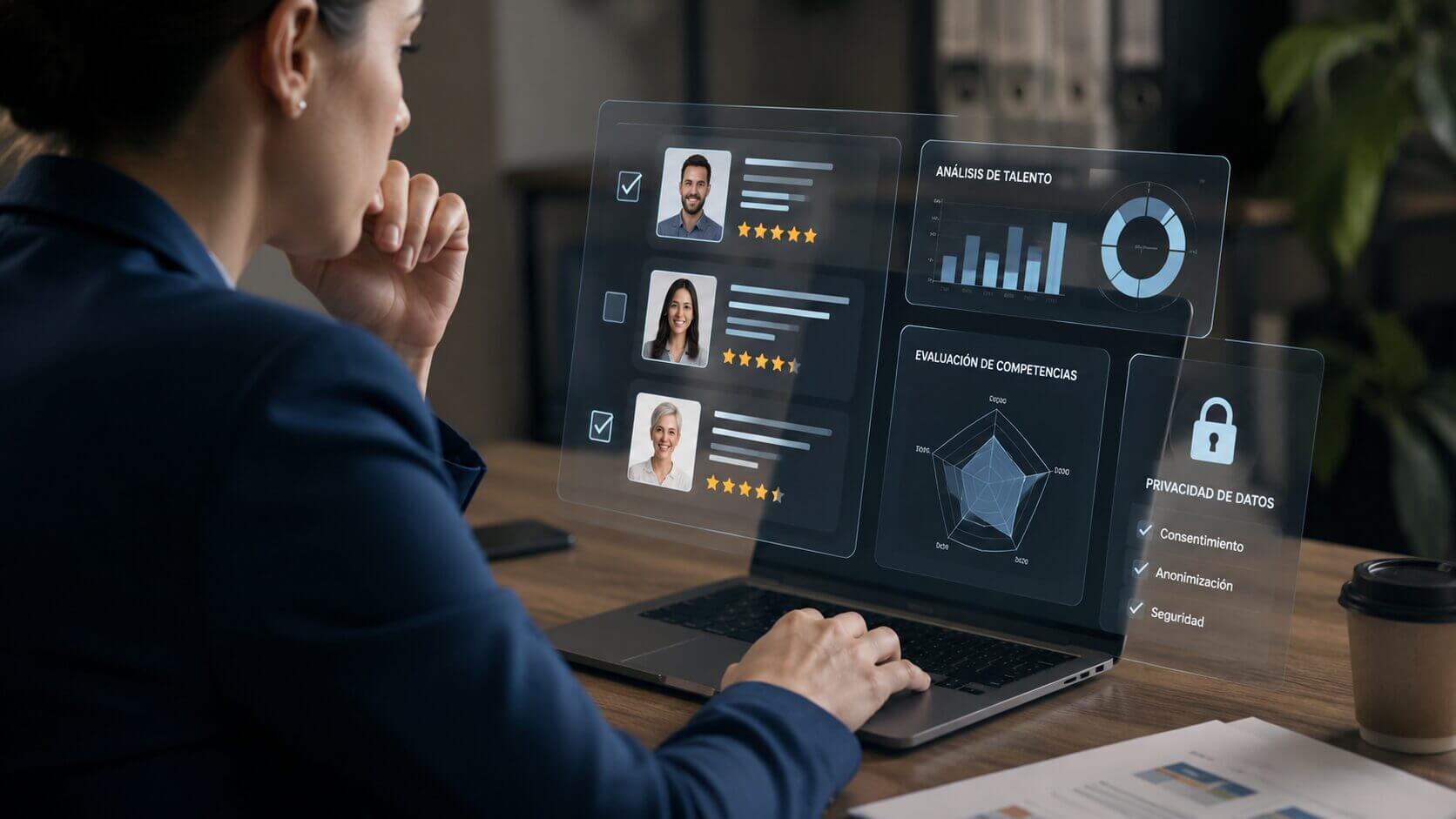 Profesional analiza información de candidatos en una computadora con herramientas de inteligencia artificial, indicadores de evaluación y sistemas de protección de datos en un entorno de oficina.