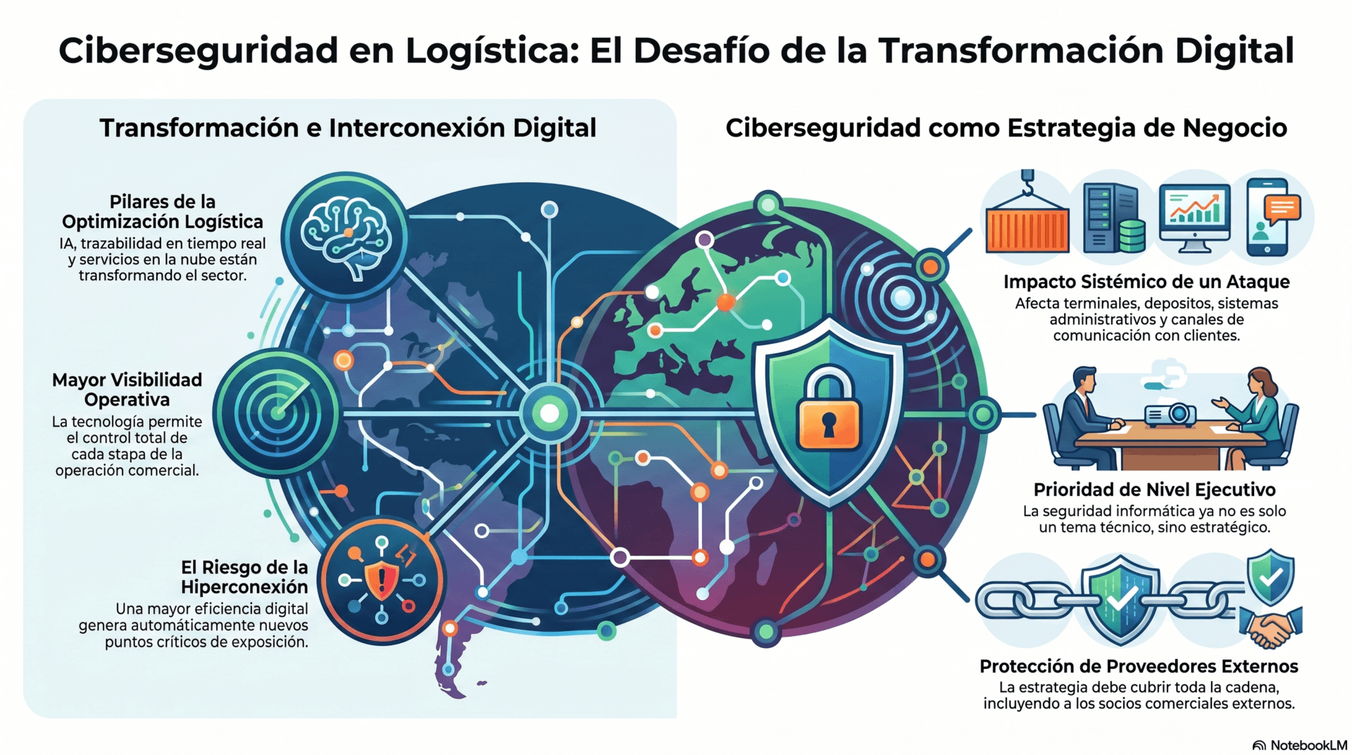  Infografía que detalla la transformación tecnológica en la logística y el comercio exterior, destacando cómo herramientas como la inteligencia artificial y el seguimiento en tiempo real optimizan procesos, pero también crean nuevos puntos de exposición que requieren estrategias de ciberseguridad integrales.