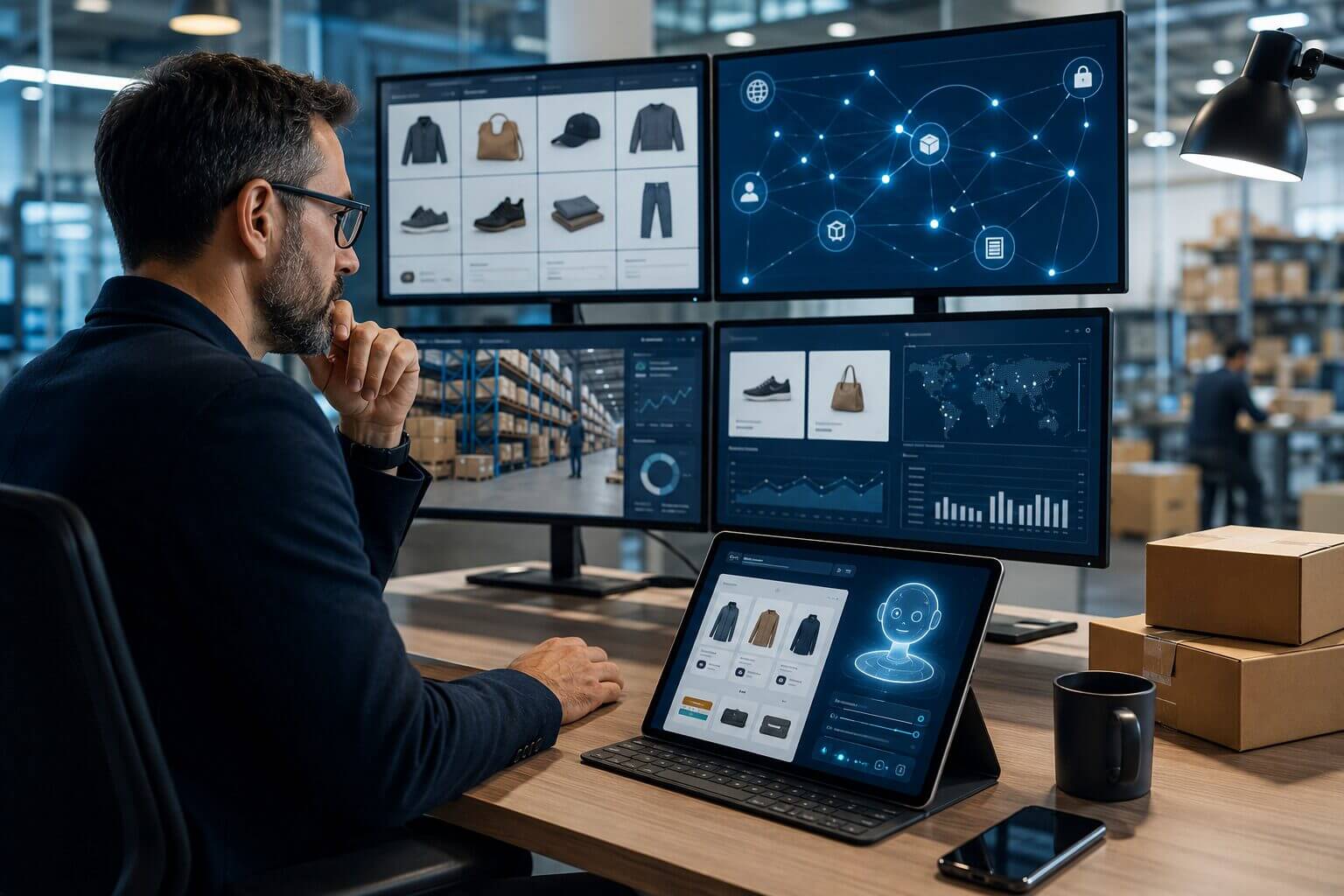 CIO analiza plataformas de comercio agéntico con catálogos digitales, inventario, datos de ventas y conexiones de IA en un centro de operaciones de retail.
