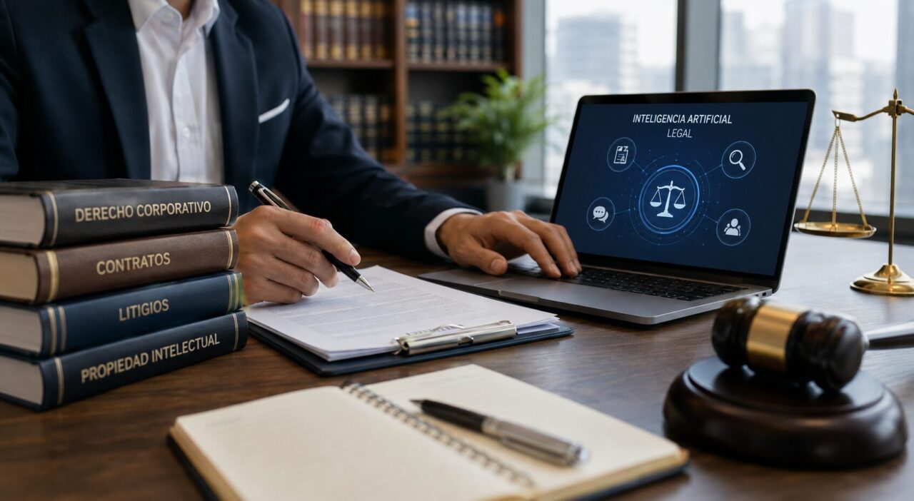 Abogado trabajando en un estudio jurídico moderno con una notebook que muestra inteligencia artificial legal, libros de derecho, balanza y martillo, en una escena sobre digitalización legal.
