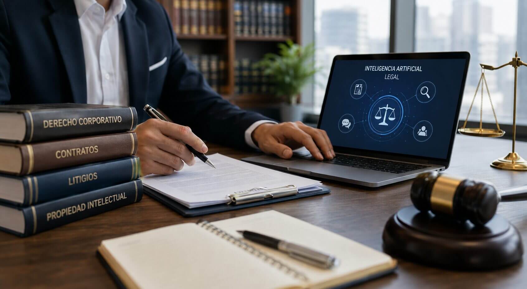 Abogado trabajando en un estudio jurídico moderno con una notebook que muestra inteligencia artificial legal, libros de derecho, balanza y martillo, en una escena sobre digitalización legal.