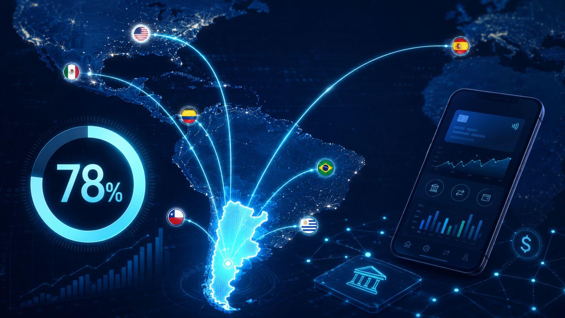 Imagen conceptual sobre fintechs argentinas, con un mapa regional conectado desde la Argentina hacia Brasil, Chile, México, Estados Unidos, Uruguay y España, junto a un indicador del 78% y un celular con datos financieros.