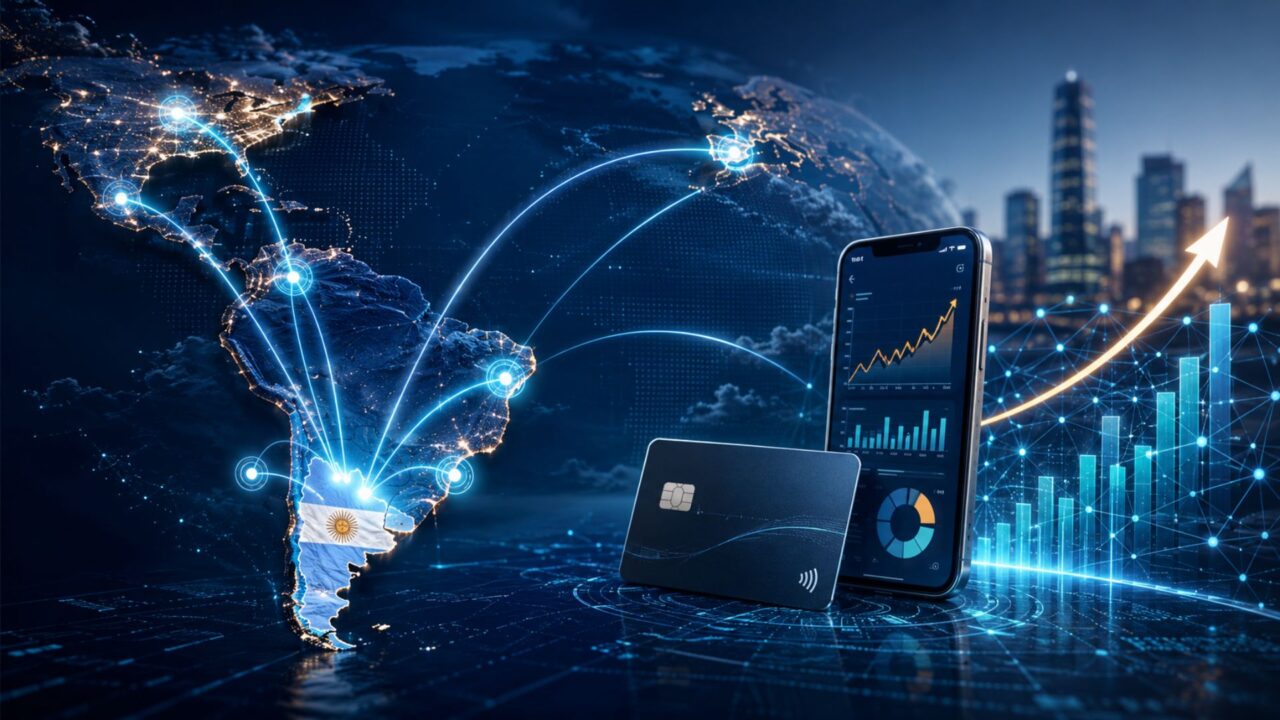 Imagen conceptual sobre fintechs argentinas, con un mapa de América Latina conectado desde la Argentina, una tarjeta digital, un celular con gráficos financieros y barras de crecimiento.