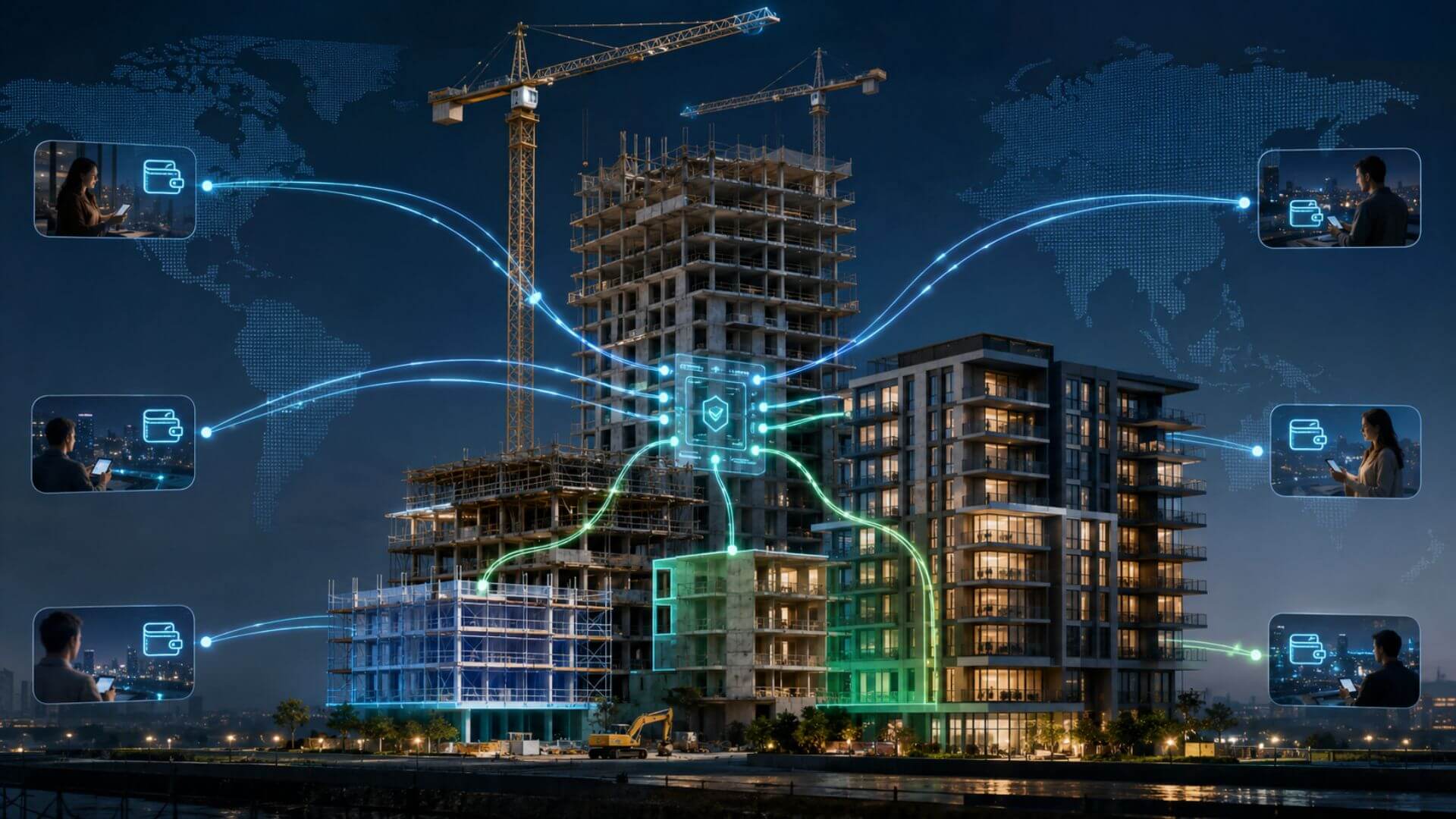 Obra conectada con inversores y billeteras virtuales para representar la tokenización y pagos digitales en real estate.