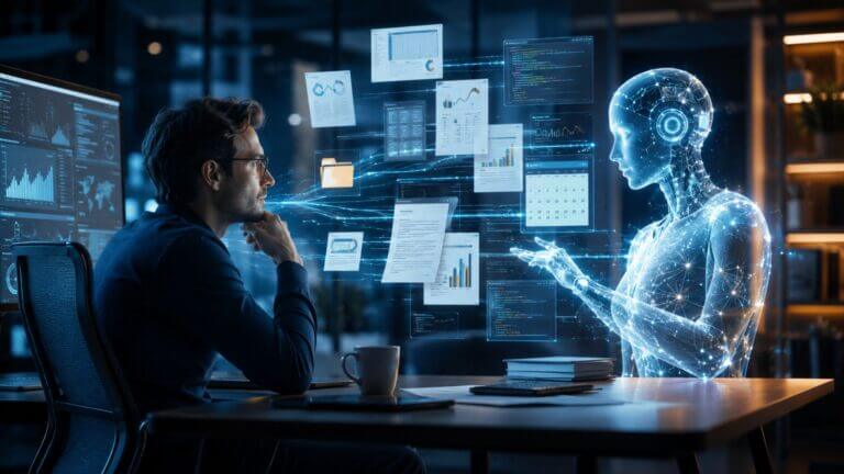 Un profesional analiza paneles digitales frente a una figura de inteligencia artificial en una oficina nocturna, en una escena sobre IA y empleo.