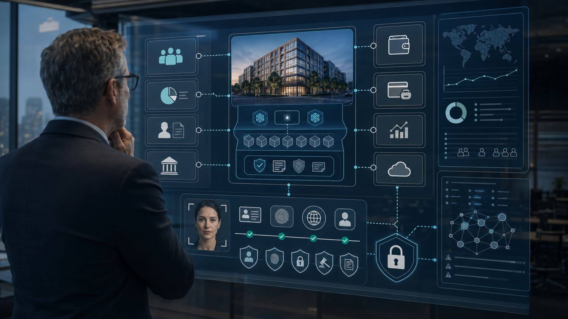 Un ejecutivo de mediana edad observa un panel holográfico con gráficos sobre la tokenización y pagos digitales en real estate. La interfaz muestra iconos de seguridad, un mapa mundial, bases de datos de usuarios y la imagen central de un edificio moderno de oficinas.