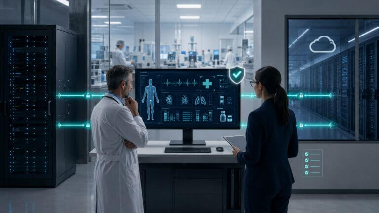 Médico y especialista revisan datos clínicos protegidos en una infraestructura de cloud híbrida en salud y farma.