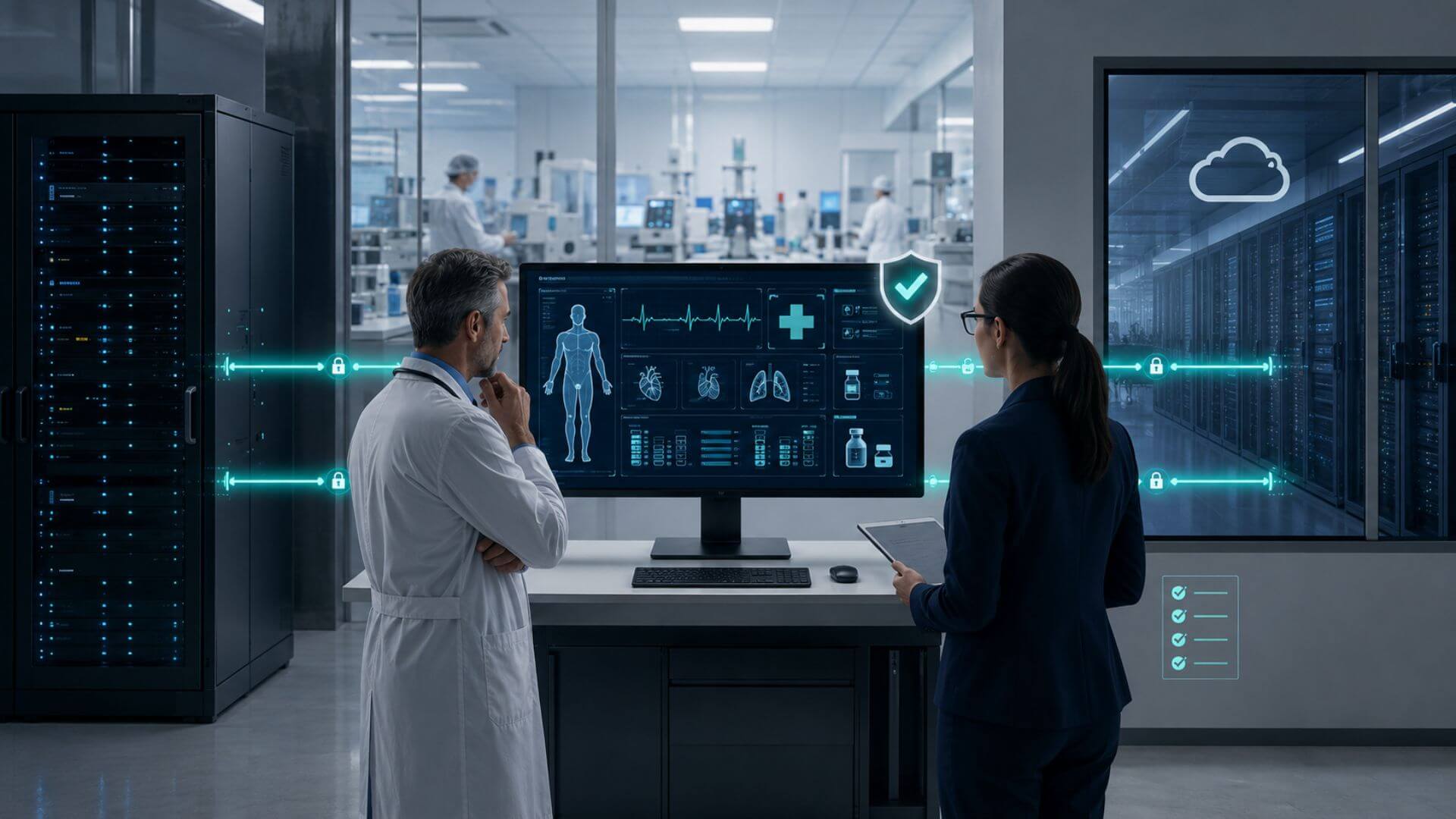 Médico y especialista revisan datos clínicos protegidos en una infraestructura de cloud híbrida en salud y farma.
