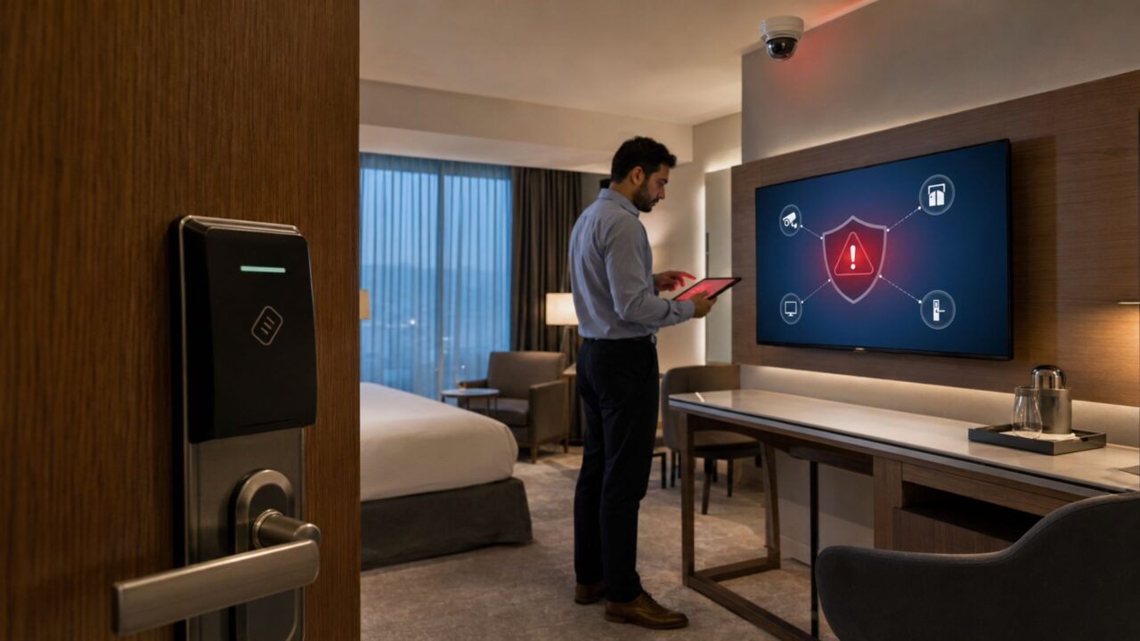 Habitación de hotel con cerradura inteligente, cámara de seguridad, televisor conectado y un hombre que revisa una alerta digital.