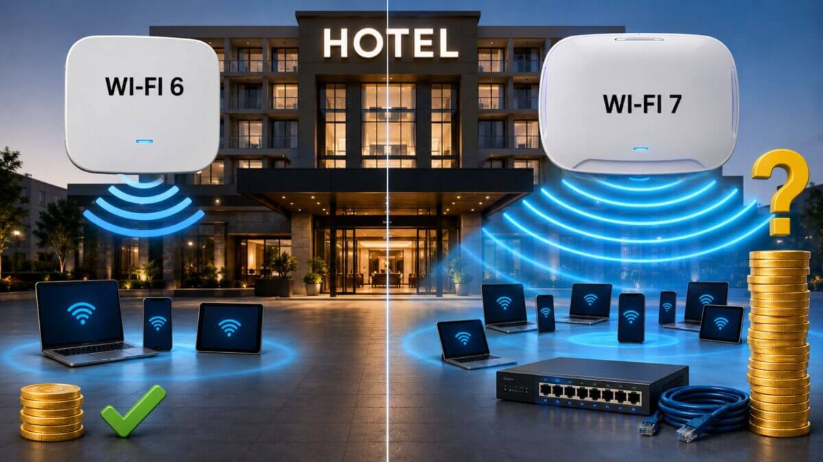 Comparación entre Wi-Fi 6 y Wi-Fi 7 en hoteles, con puntos de acceso, dispositivos conectados, cableado y costos de infraestructura.