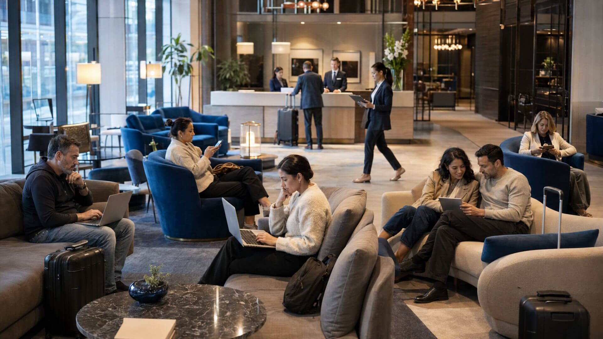 Huéspedes conectados con notebooks, celulares y tabletas en el lobby de un hotel con recepción al fondo.