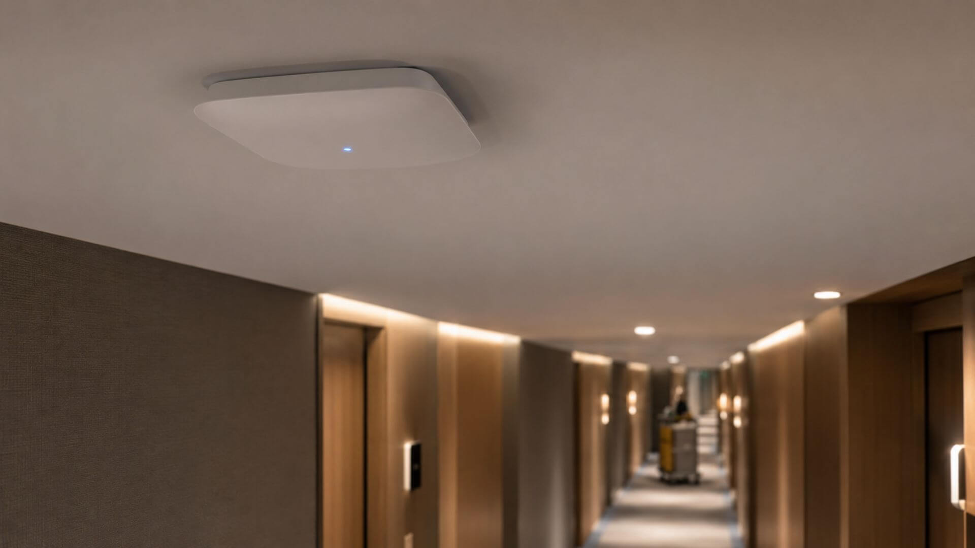 Punto de acceso inalámbrico instalado en el techo del pasillo de un hotel para distribuir la señal entre las habitaciones.