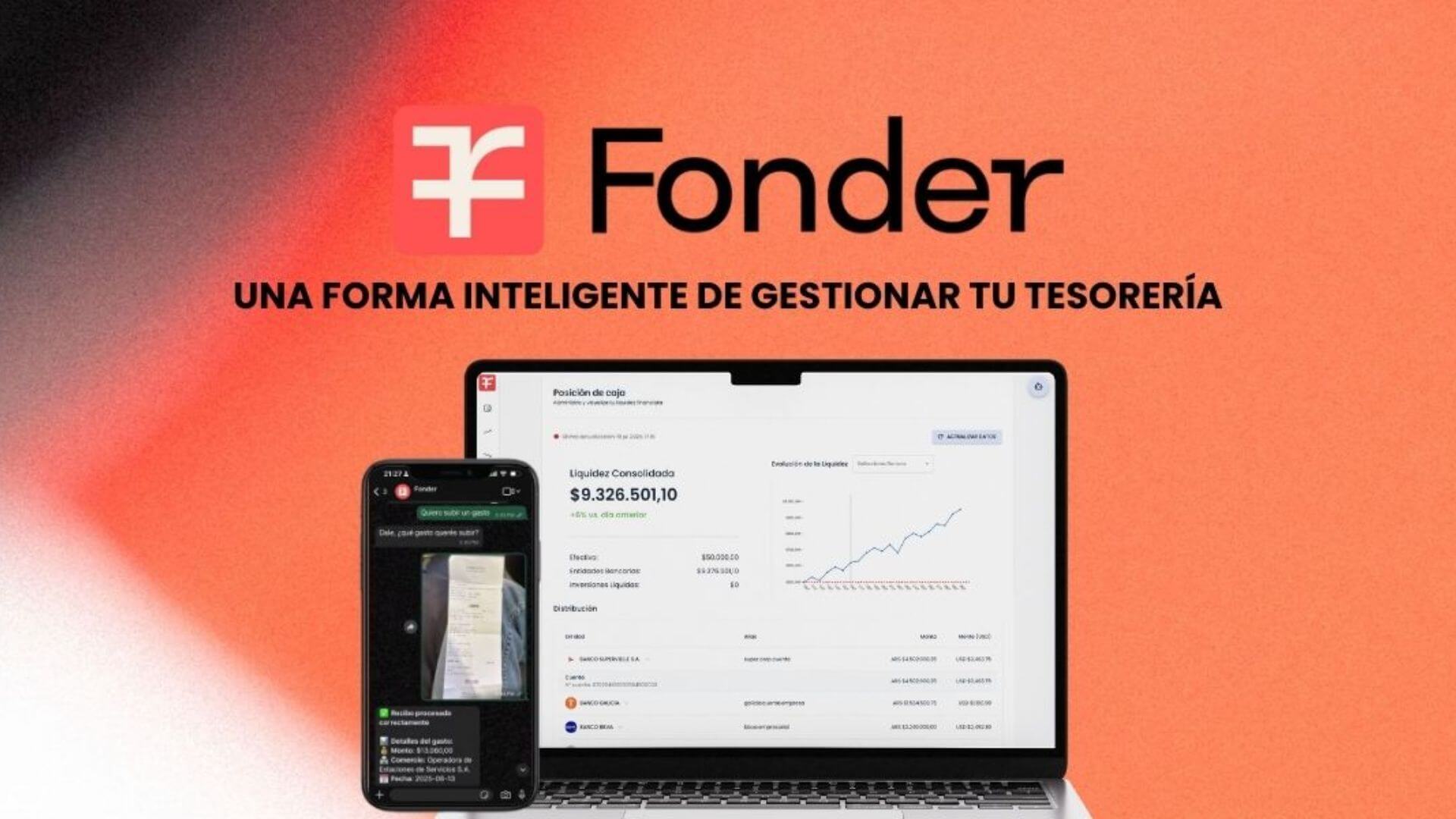 Plataforma de Fonder en una computadora y un teléfono, con datos de liquidez, posición de caja y gestión financiera por WhatsApp.