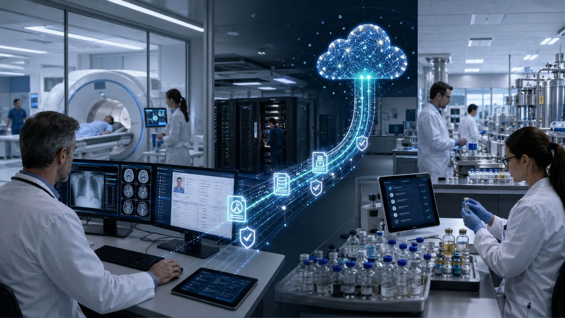 Profesionales trasladan datos clínicos y farmacéuticos protegidos hacia una infraestructura de cloud híbrida en salud y farma.