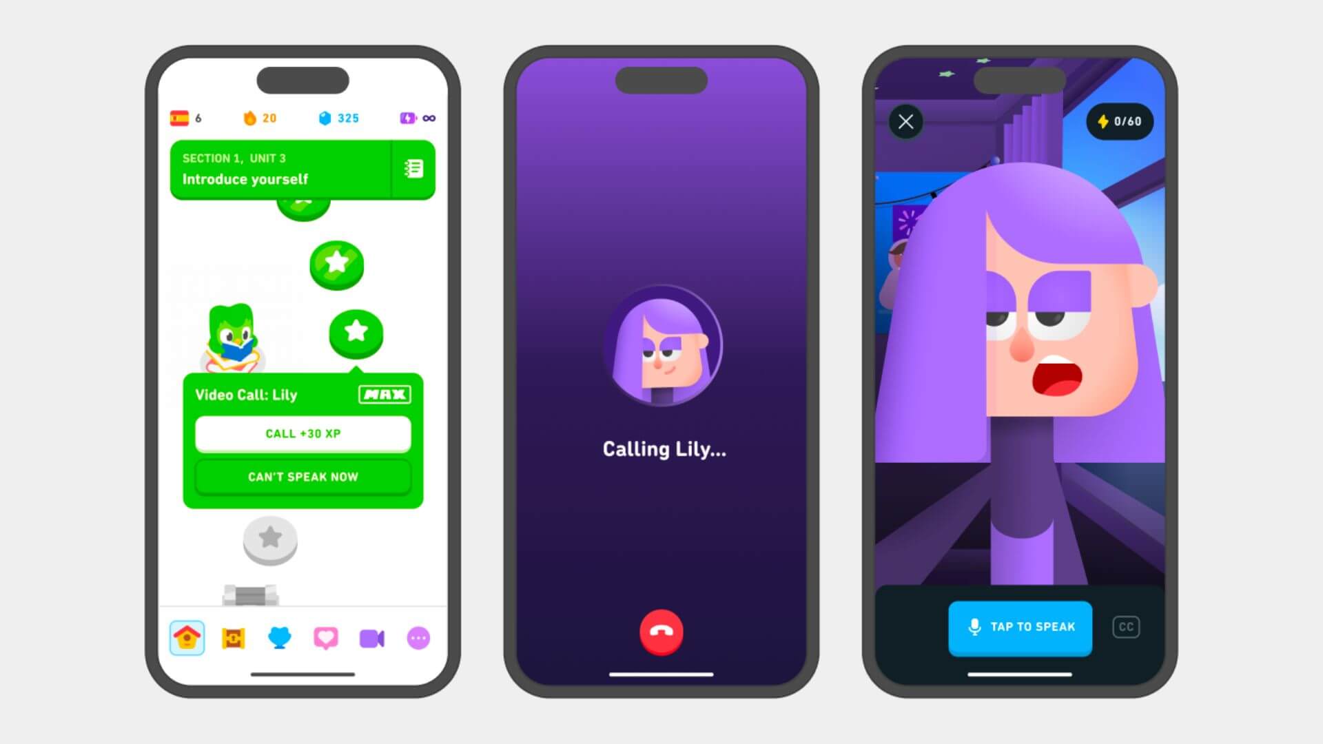 Tres pantallas de Duolingo muestran Video Call con Lily, una función de IA en empresas aplicada a la práctica oral de idiomas.