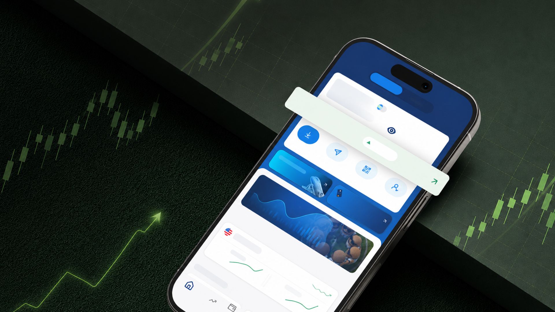 Celular con una interfaz de servicios financieros digitales sobre un fondo con gráficos de mercado, en una imagen que representa el avance de las fintech argentinas en pagos e inversiones.