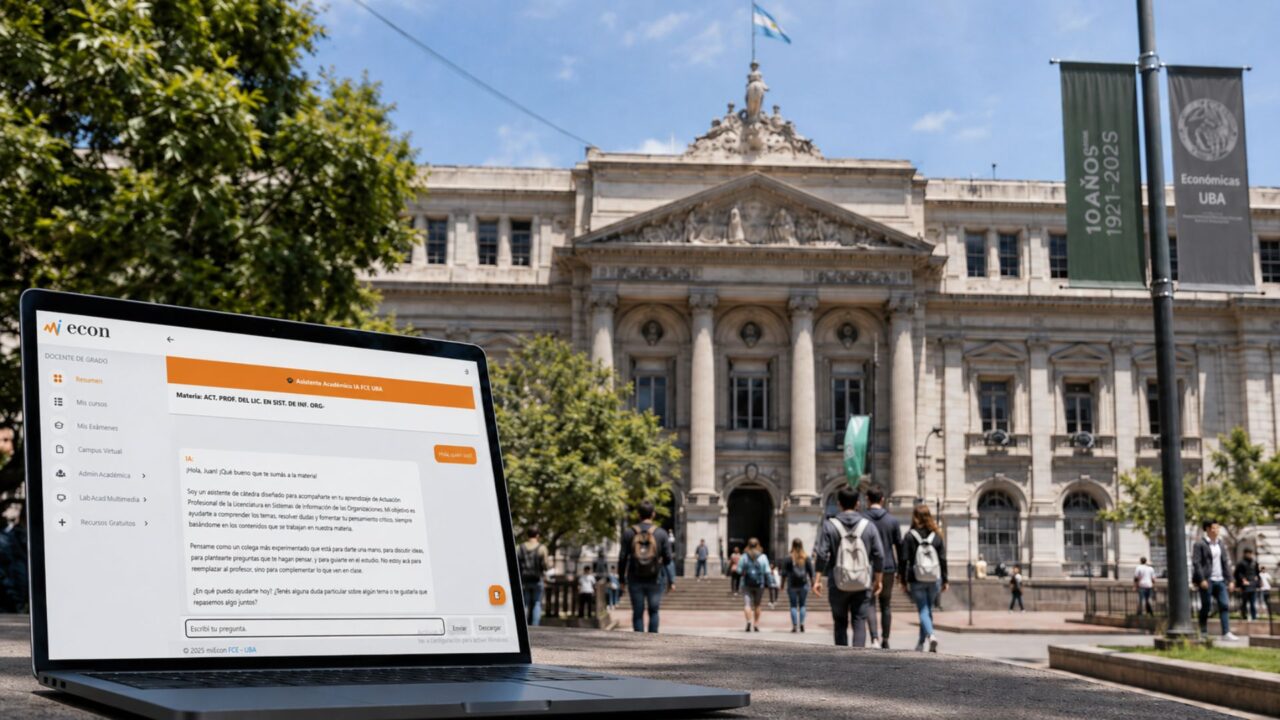 Pantalla de Mi Econ en una notebook frente al edificio de la Facultad de Ciencias Económicas de la UBA.