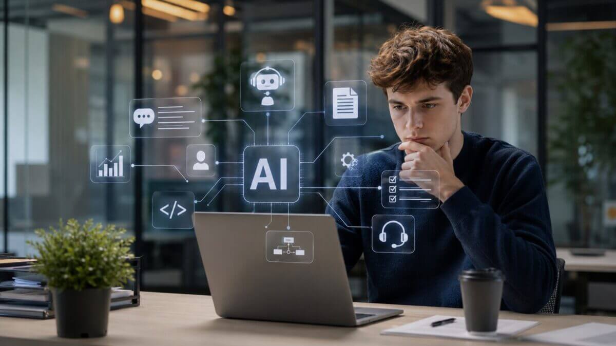 Joven profesional frente a una notebook con interfaz de IA y gráficos digitales en una oficina, escena vinculada al primer empleo.