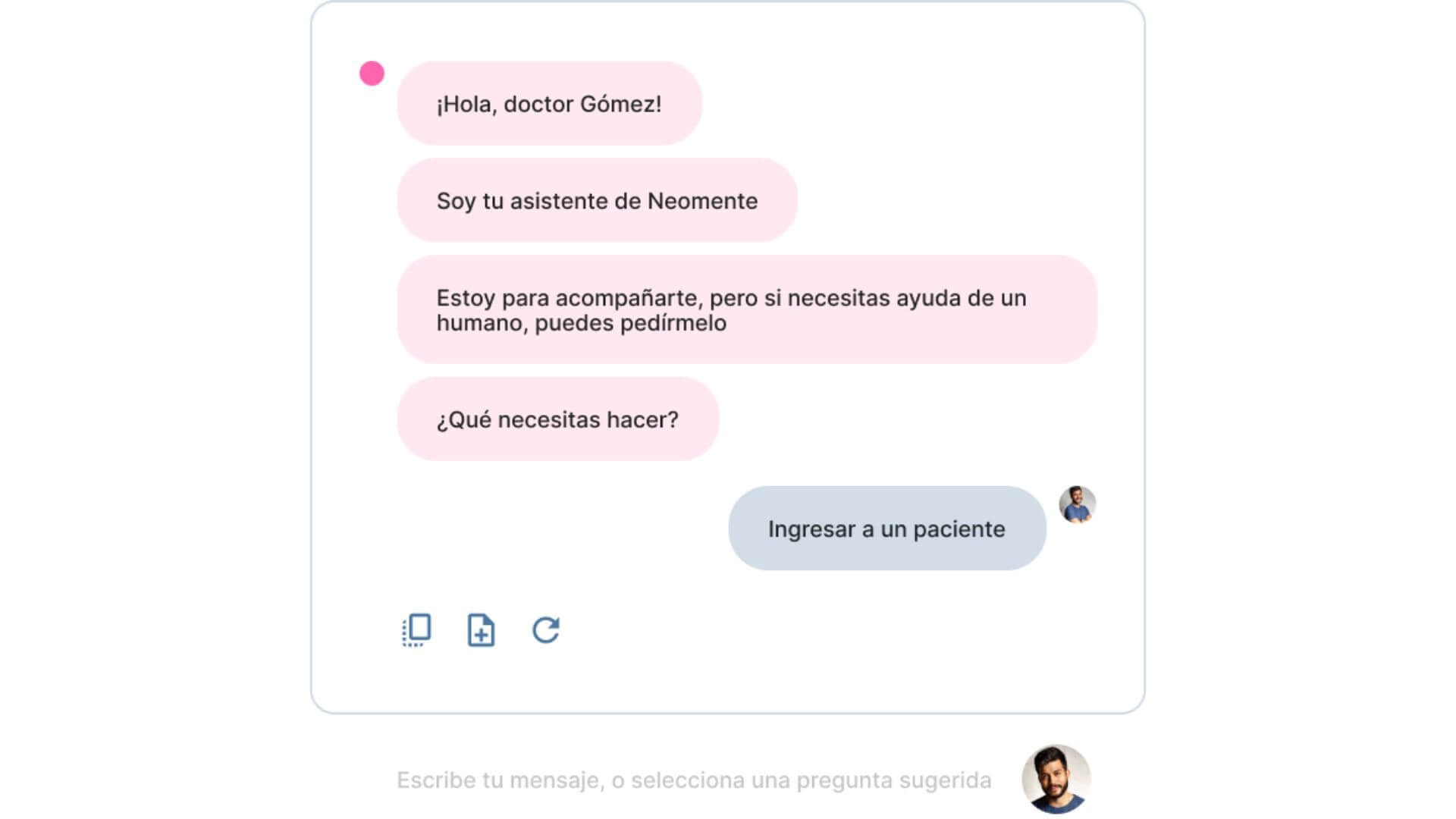 Interfaz del asistente de Neomente que recibe al médico y ofrece la opción de ingresar los datos de un paciente.