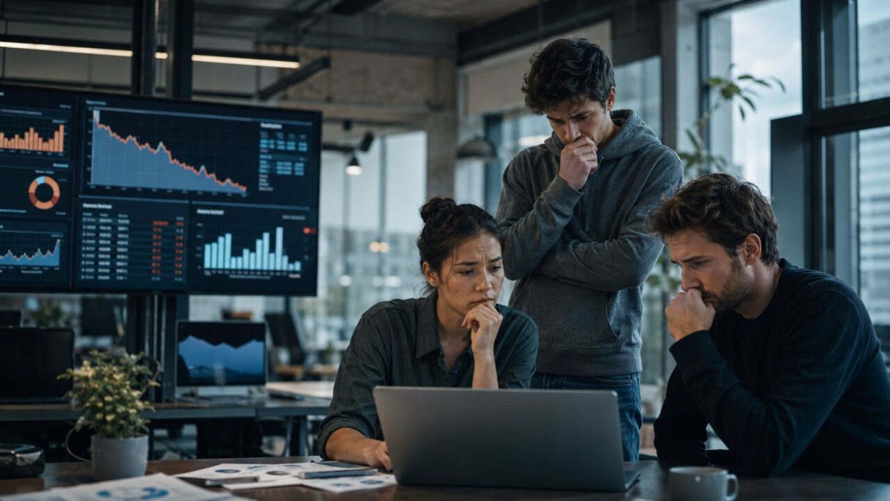 Tres profesionales jóvenes observan gráficos financieros en baja vinculados con las acciones de una startup dentro de una oficina tecnológica.