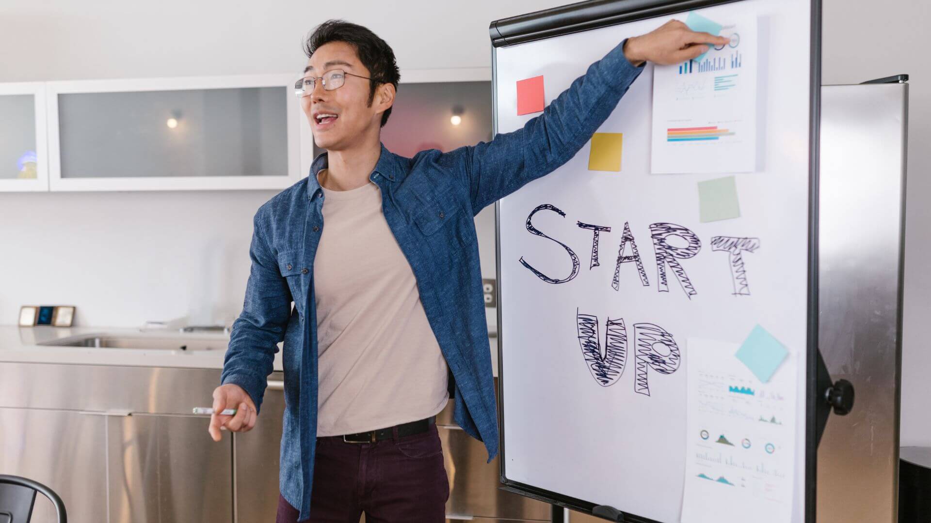 Un emprendedor presenta gráficos y proyecciones sobre las acciones de una startup ante un pizarrón con datos financieros.