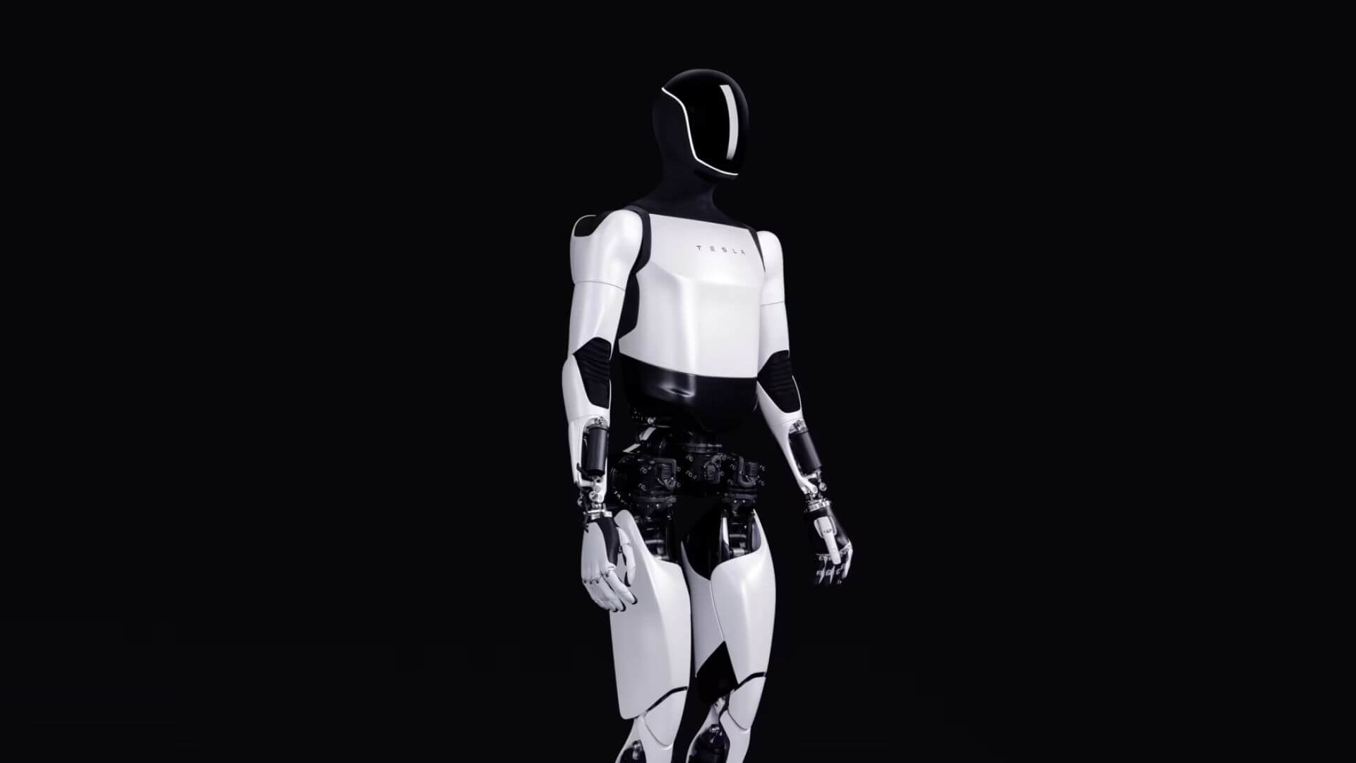 Robot Tesla Optimus blanco y negro sobre un fondo oscuro, uno de los robots humanoides que competirán en el mercado industrial.